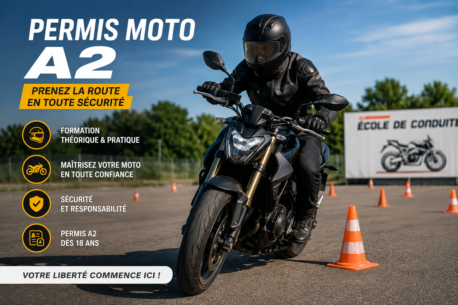 Formation permis A2 moto — élève équipé sur plateau, MonPermisCPF
